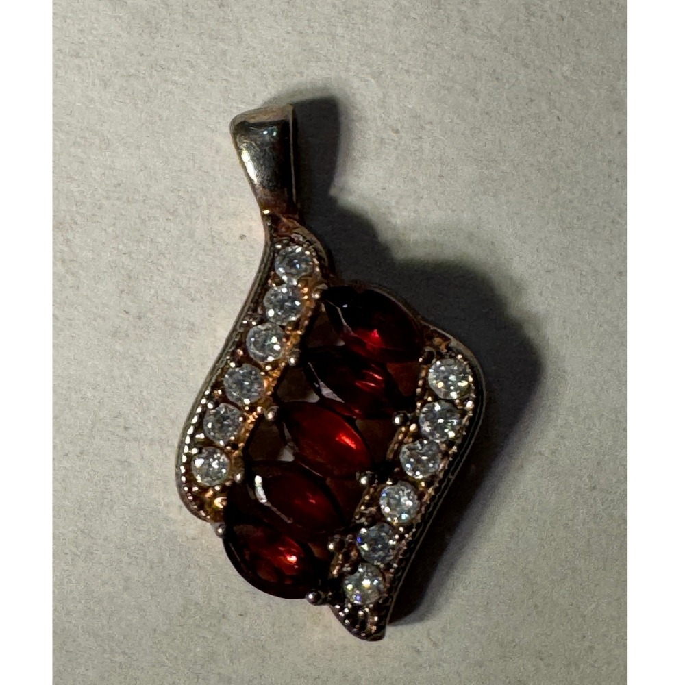 Marquise Red Garnet CZ Silver Tone Geometric Pendant Necklace Charm
